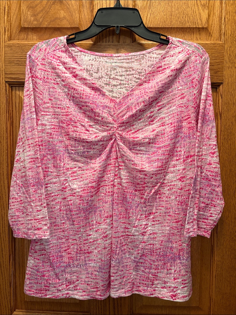 Studio Works Pink & White Twist-Front 3/4 Sleeve Tee